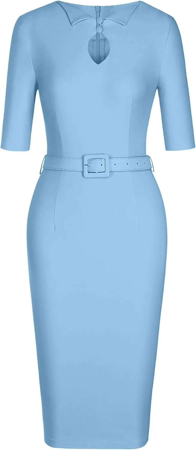 MUXXN Women's Audrey Hepburn 1960s Half Sleeve Formal Work Dress with Belt