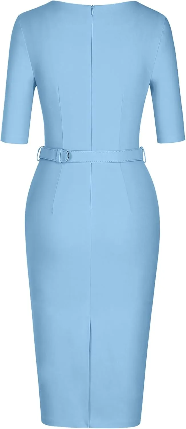 MUXXN Women's Audrey Hepburn 1960s Half Sleeve Formal Work Dress with Belt