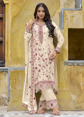 Off White Semi Pure Chinnon Wedding Festive Salwar Suit