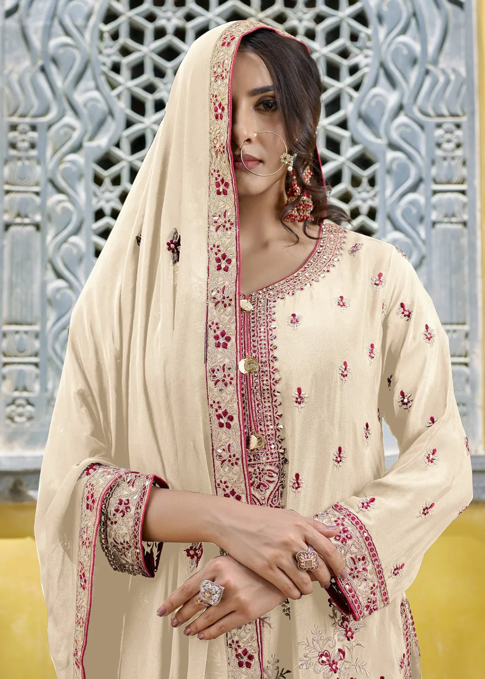 Off White Semi Pure Chinnon Wedding Festive Salwar Suit