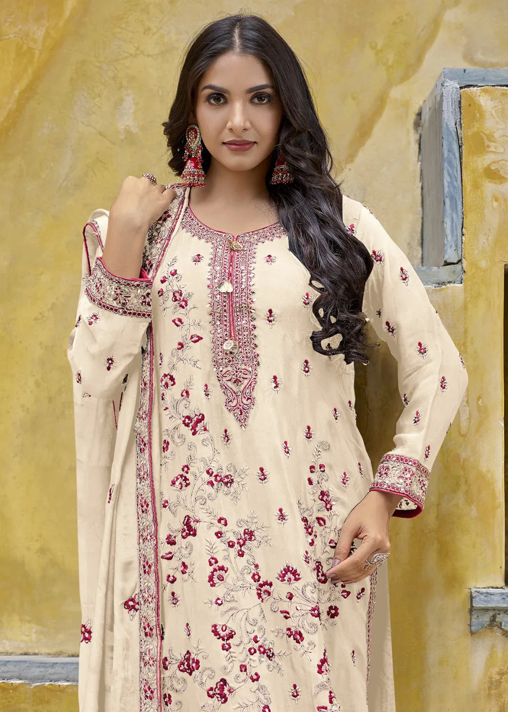Off White Semi Pure Chinnon Wedding Festive Salwar Suit