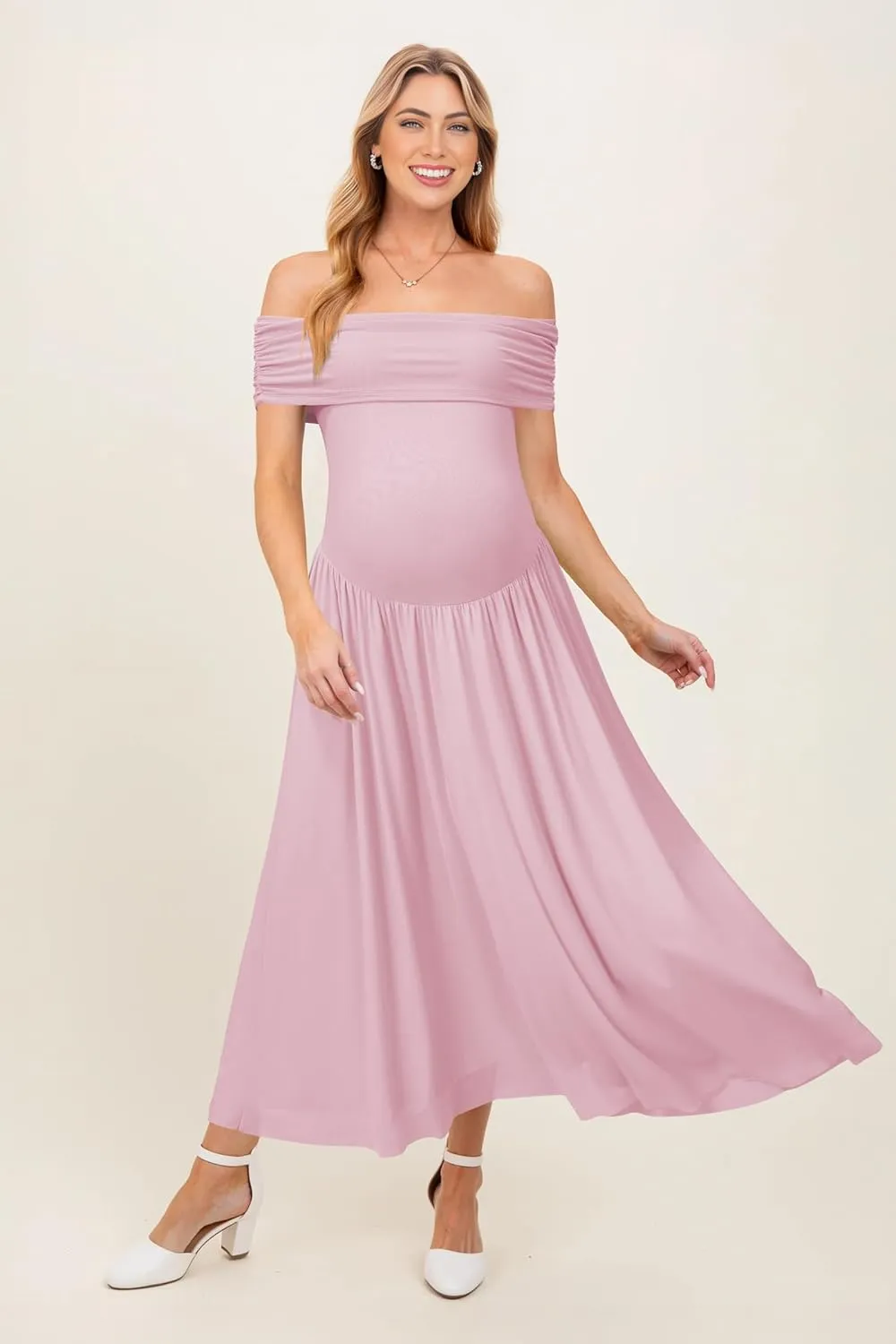 OUGES Women's 2025 Off The Shoulder Mesh Maxi Maternity Dress for Photoshoot Baby Shower Sleeveless Formal Long Dresses