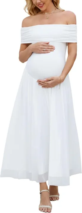 OUGES Women's 2025 Off The Shoulder Mesh Maxi Maternity Dress for Photoshoot Baby Shower Sleeveless Formal Long Dresses