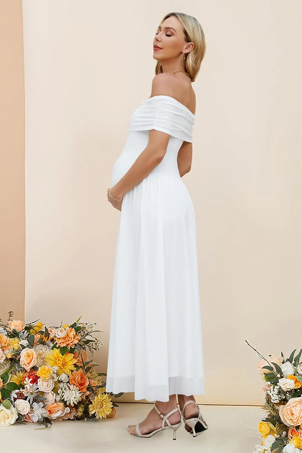 OUGES Women's 2025 Off The Shoulder Mesh Maxi Maternity Dress for Photoshoot Baby Shower Sleeveless Formal Long Dresses