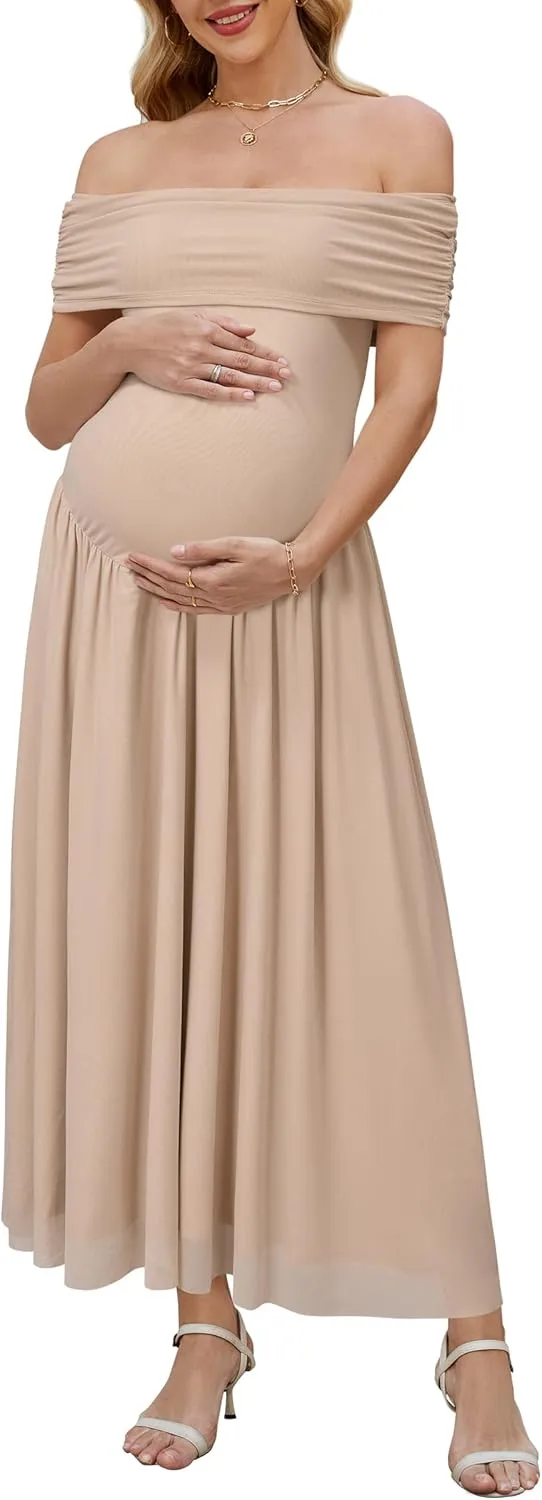 OUGES Women's 2025 Off The Shoulder Mesh Maxi Maternity Dress for Photoshoot Baby Shower Sleeveless Formal Long Dresses