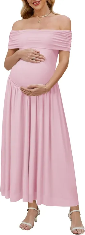 OUGES Women's 2025 Off The Shoulder Mesh Maxi Maternity Dress for Photoshoot Baby Shower Sleeveless Formal Long Dresses
