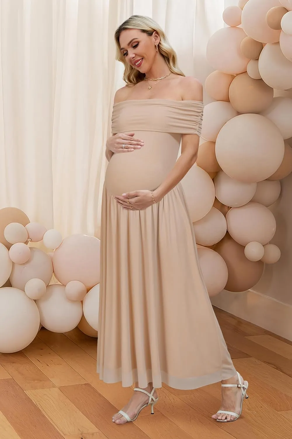 OUGES Women's 2025 Off The Shoulder Mesh Maxi Maternity Dress for Photoshoot Baby Shower Sleeveless Formal Long Dresses