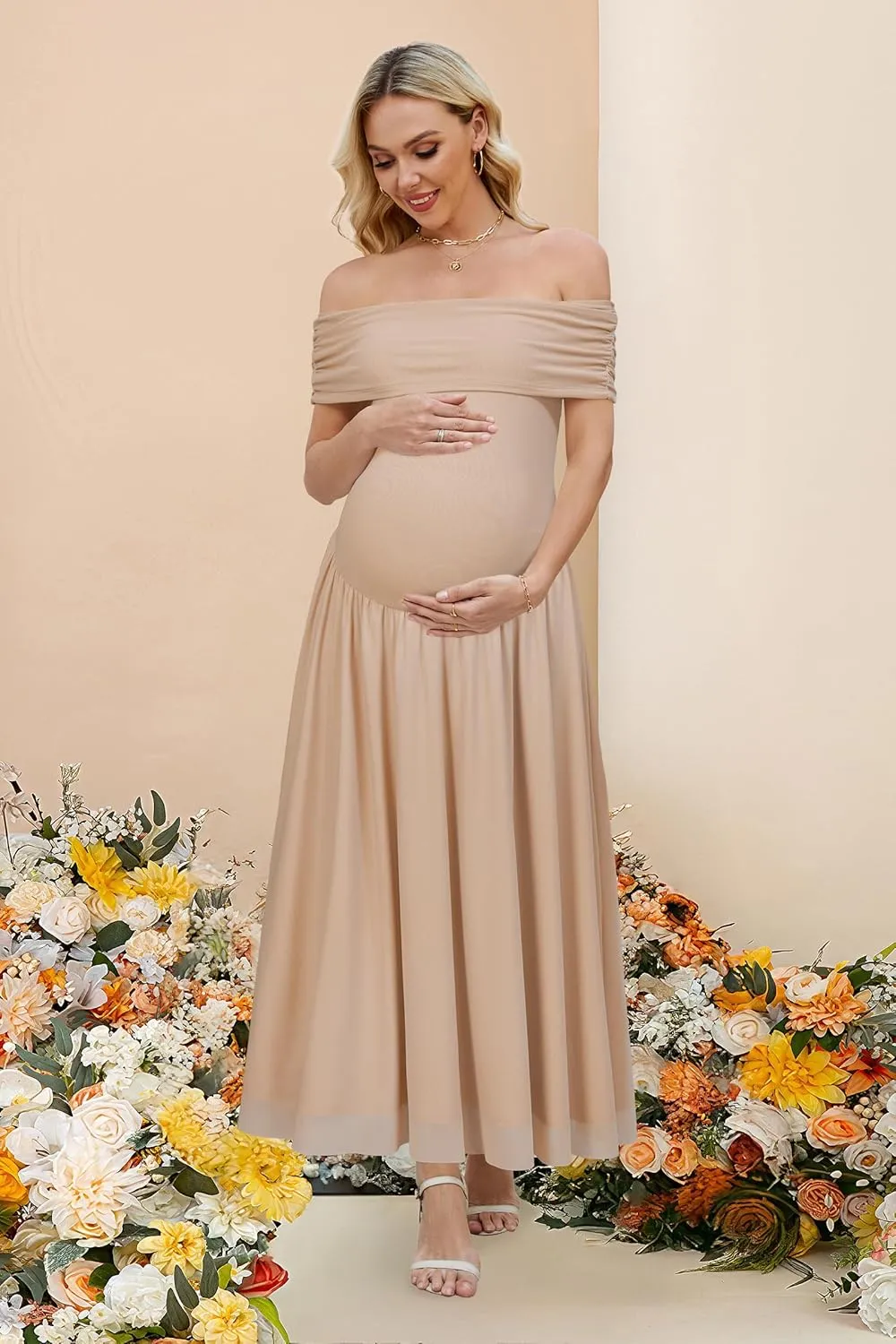 OUGES Women's 2025 Off The Shoulder Mesh Maxi Maternity Dress for Photoshoot Baby Shower Sleeveless Formal Long Dresses