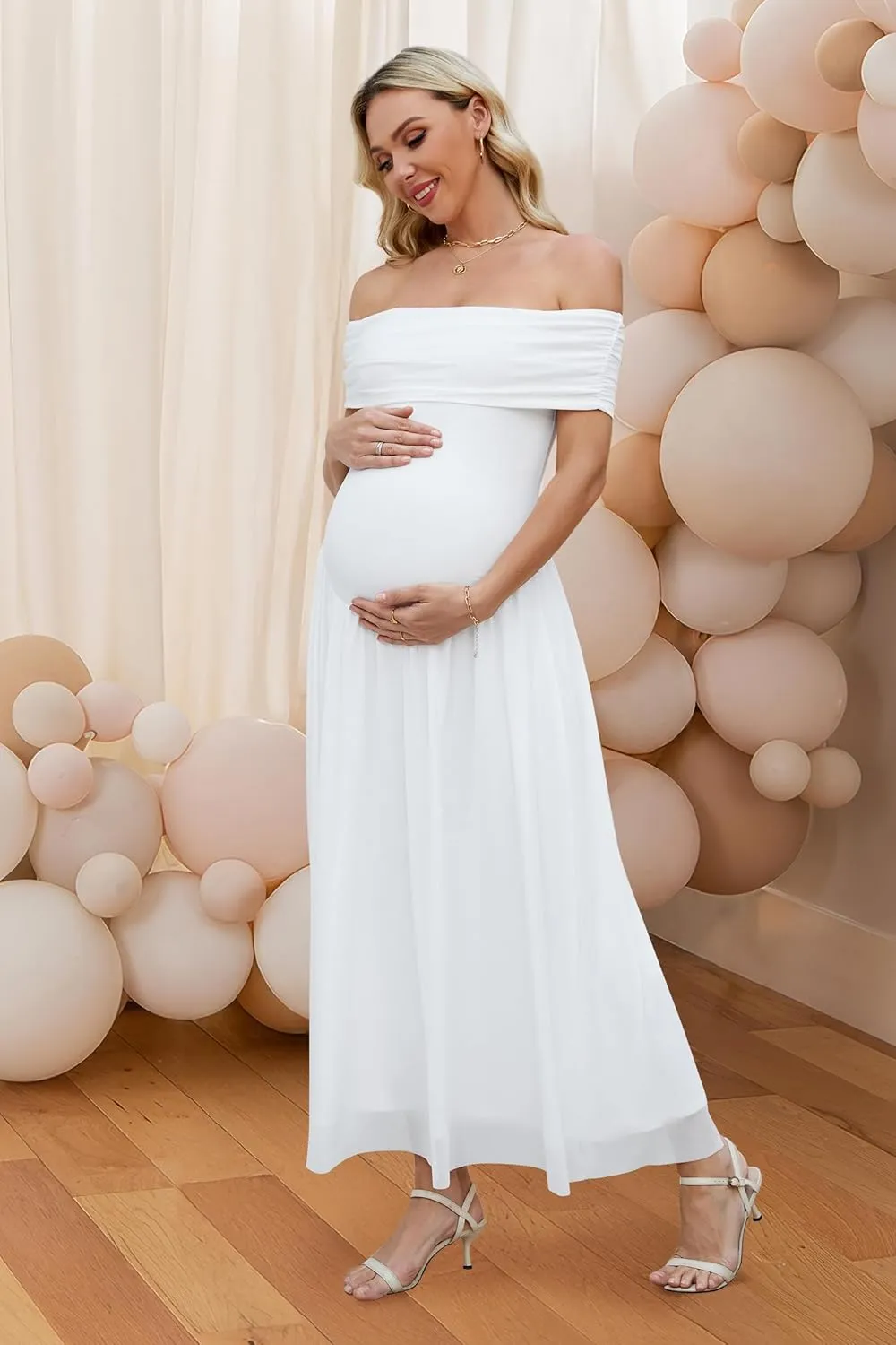 OUGES Women's 2025 Off The Shoulder Mesh Maxi Maternity Dress for Photoshoot Baby Shower Sleeveless Formal Long Dresses