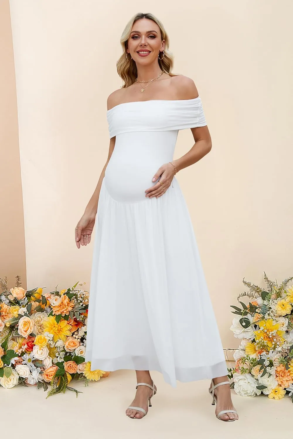 OUGES Women's 2025 Off The Shoulder Mesh Maxi Maternity Dress for Photoshoot Baby Shower Sleeveless Formal Long Dresses