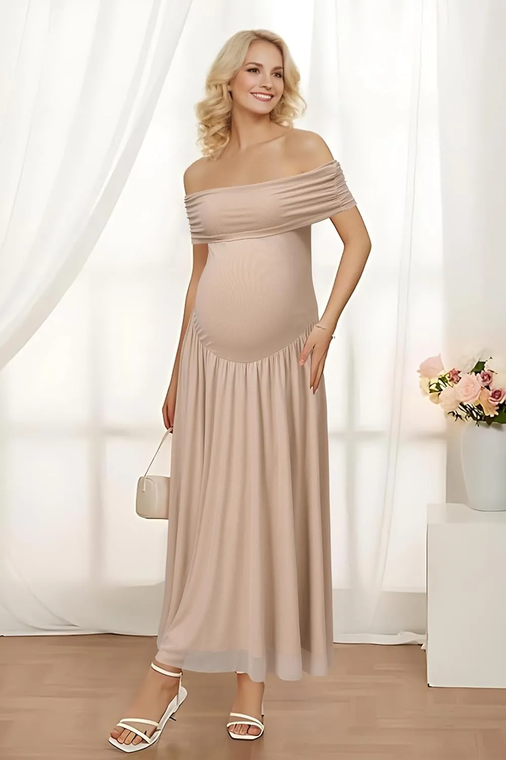 OUGES Women's 2025 Off The Shoulder Mesh Maxi Maternity Dress for Photoshoot Baby Shower Sleeveless Formal Long Dresses