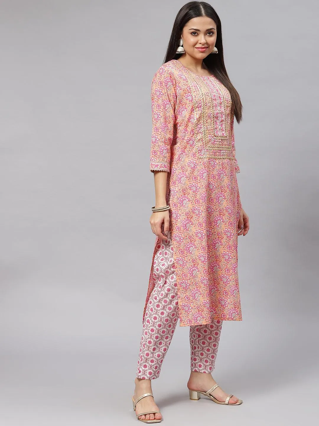 Pink Cotton Kurta Pant Set With Dupatta