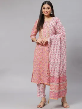Pink Cotton Kurta Pant Set With Dupatta
