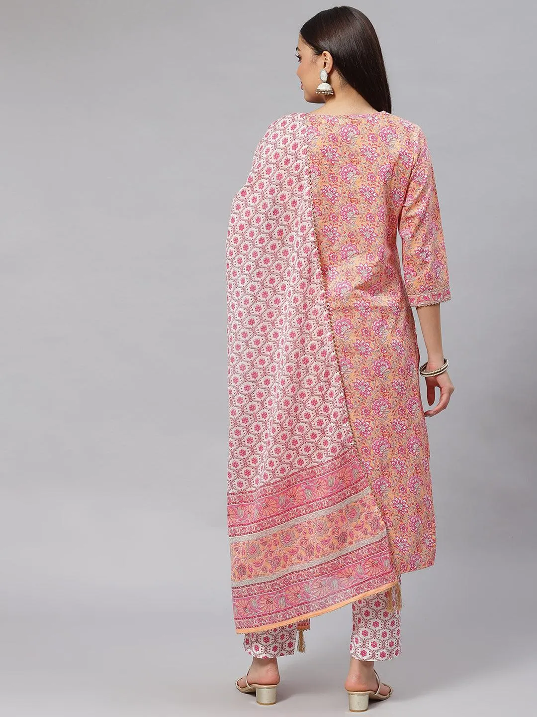 Pink Cotton Kurta Pant Set With Dupatta