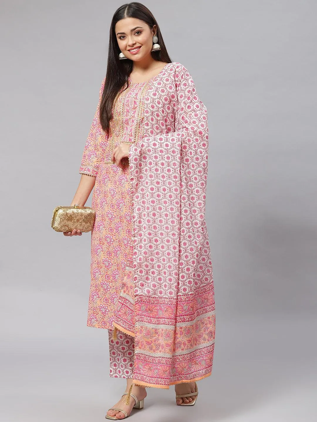 Pink Cotton Kurta Pant Set With Dupatta