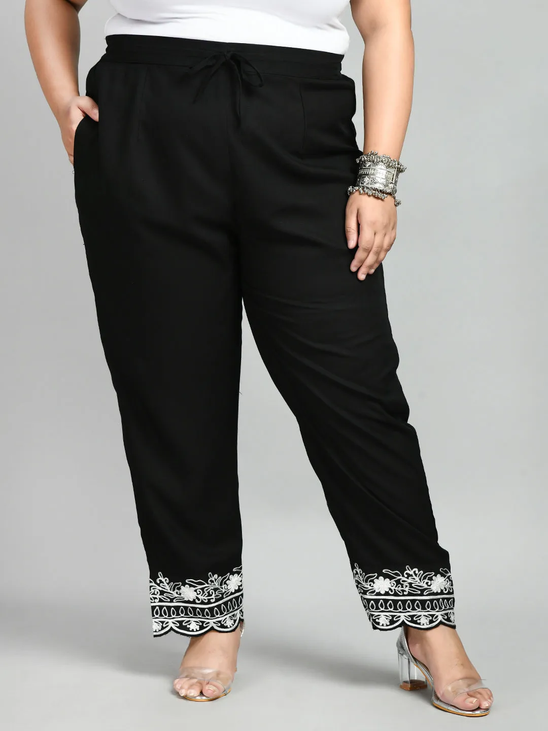Plus Size Plus Size White Scalping Black Pants