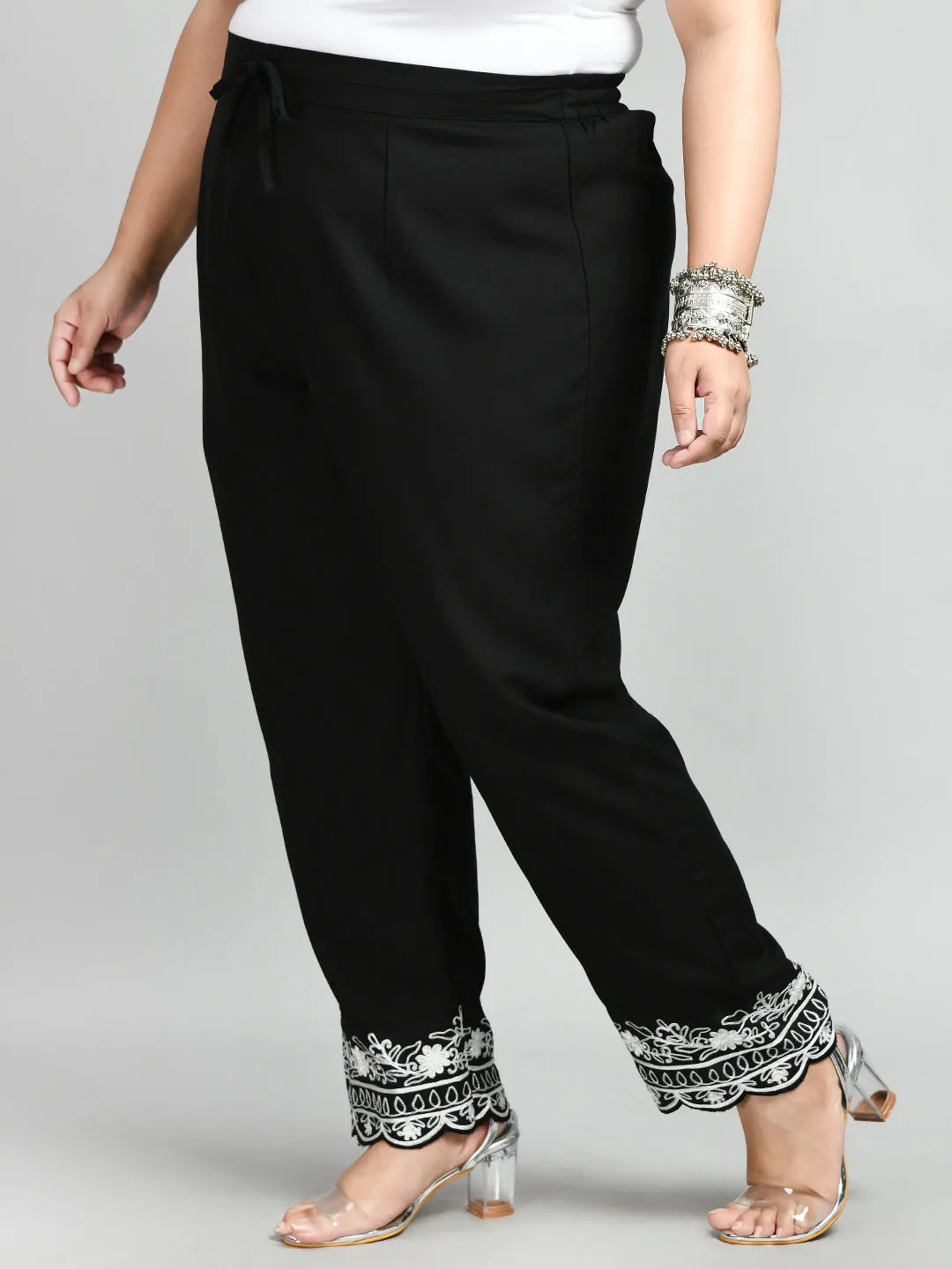 Plus Size Plus Size White Scalping Black Pants