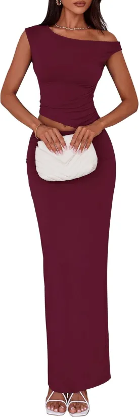 PRETTYGARDEN Maxi Skirt Sets Women 2 Piece Outfits Summer 2025 Spring One Shoulder Sleeveless Ruched Bodycon Long Skirts