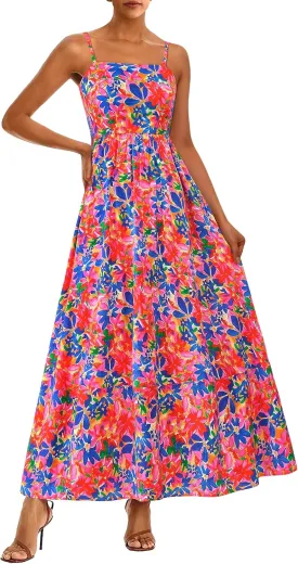 PRETTYGARDEN Summer Dresses for Women 2025 Beach Maxi Dress Spaghetti Strap Floral Boho A Line Wedding Guest Flowy Long Dress
