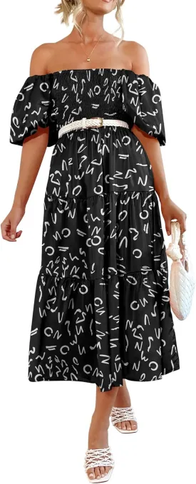 PRETTYGARDEN Women's Casual Summer Dress Puffy Short Sleeve Square Neck Smocked Tiered A Line Maxi Long Dresses