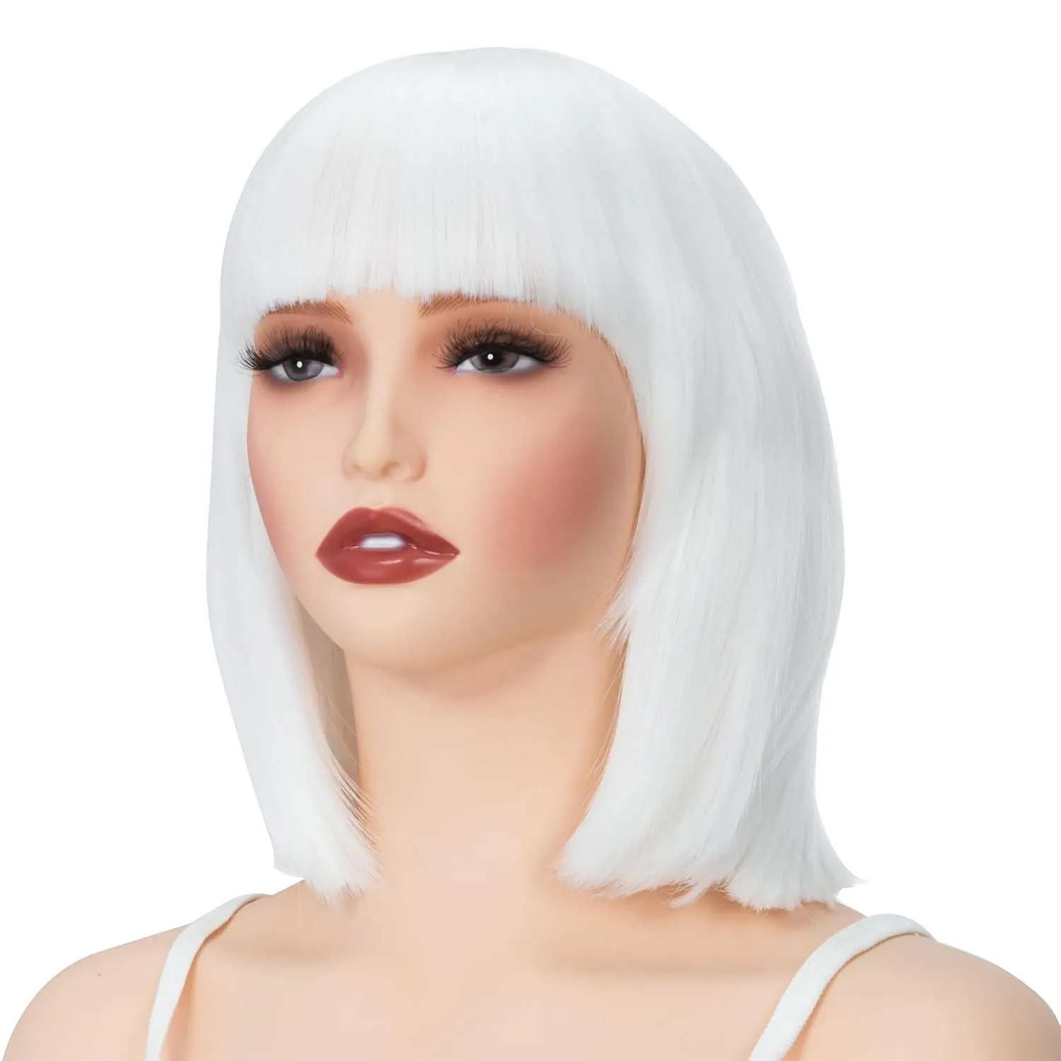 Rose bud White Bob Wig with Fringe 12 Inch Short Straight Costume Wigs for Women Cosplay Party Halloween