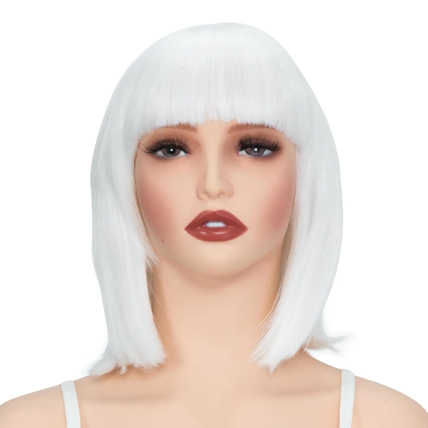 Rose bud White Bob Wig with Fringe 12 Inch Short Straight Costume Wigs for Women Cosplay Party Halloween