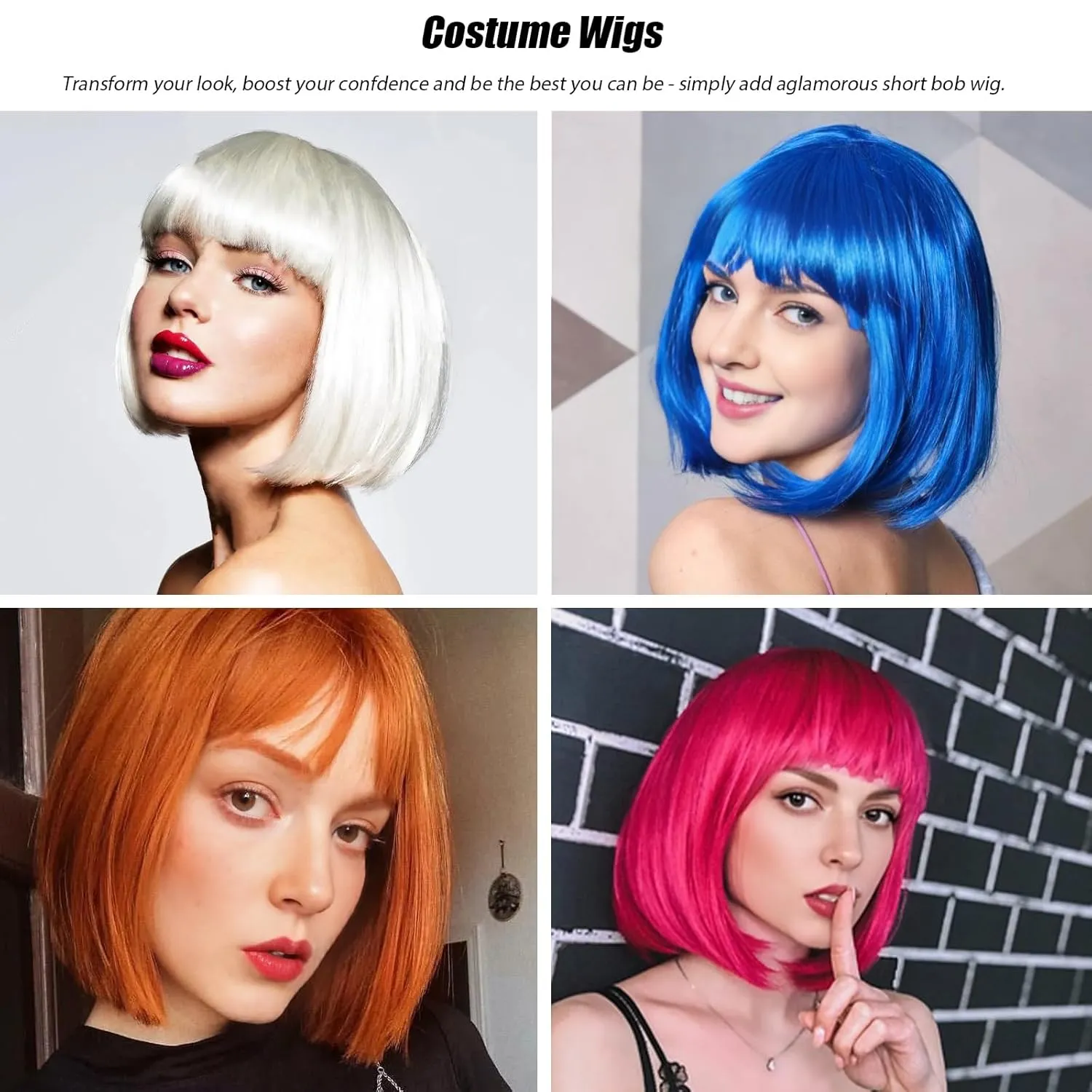 Rose bud White Bob Wig with Fringe 12 Inch Short Straight Costume Wigs for Women Cosplay Party Halloween