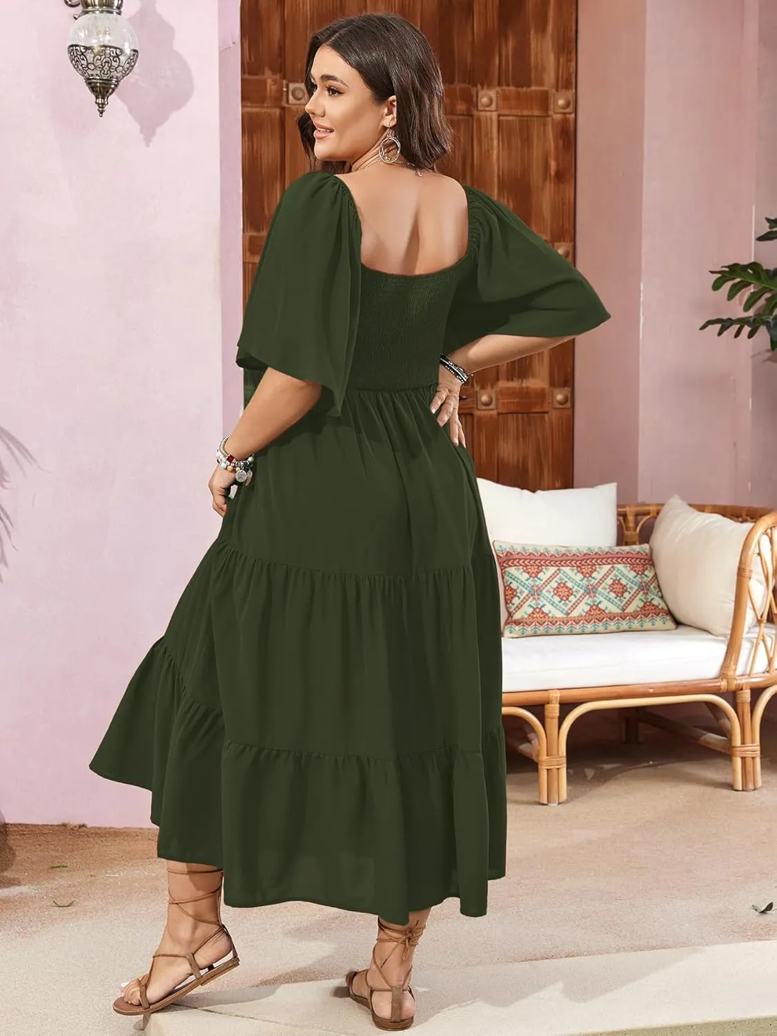 SCOMCHIC Women's Plus Size Flowy Maxi Dress Flutter Short Sleeve Boho Dress Square Neck Smocked Formal Dresses for Women
