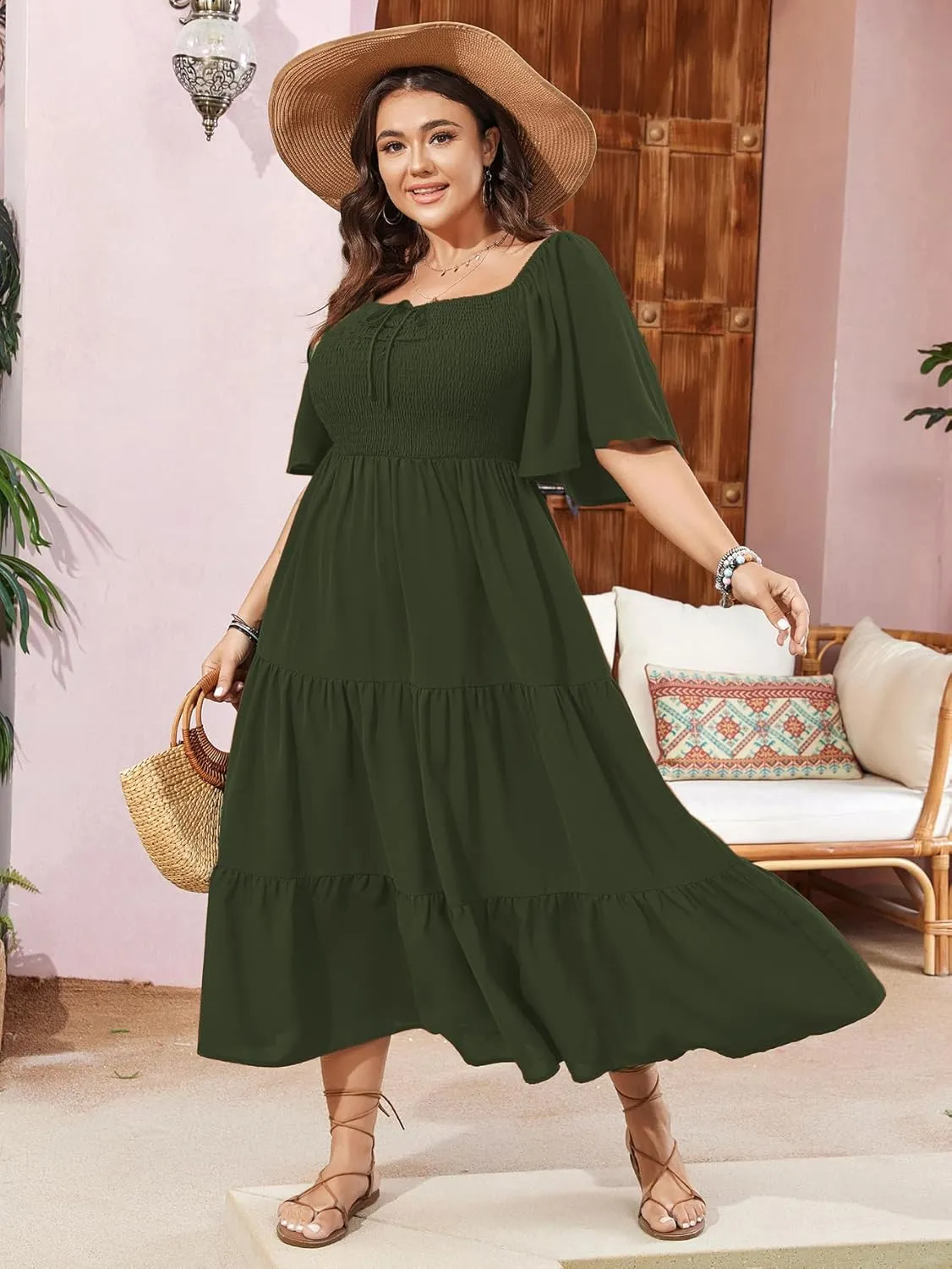 SCOMCHIC Women's Plus Size Flowy Maxi Dress Flutter Short Sleeve Boho Dress Square Neck Smocked Formal Dresses for Women