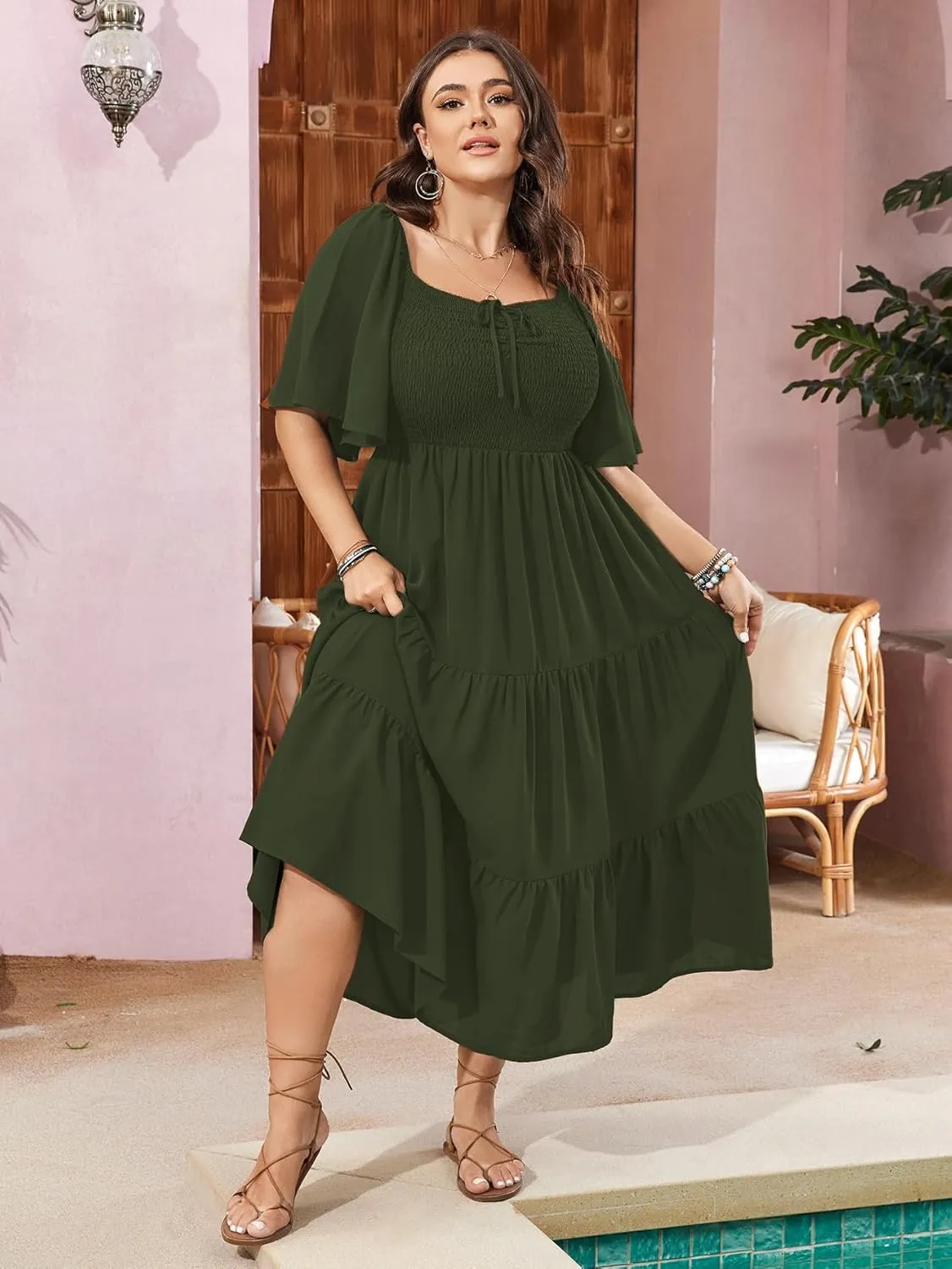SCOMCHIC Women's Plus Size Flowy Maxi Dress Flutter Short Sleeve Boho Dress Square Neck Smocked Formal Dresses for Women