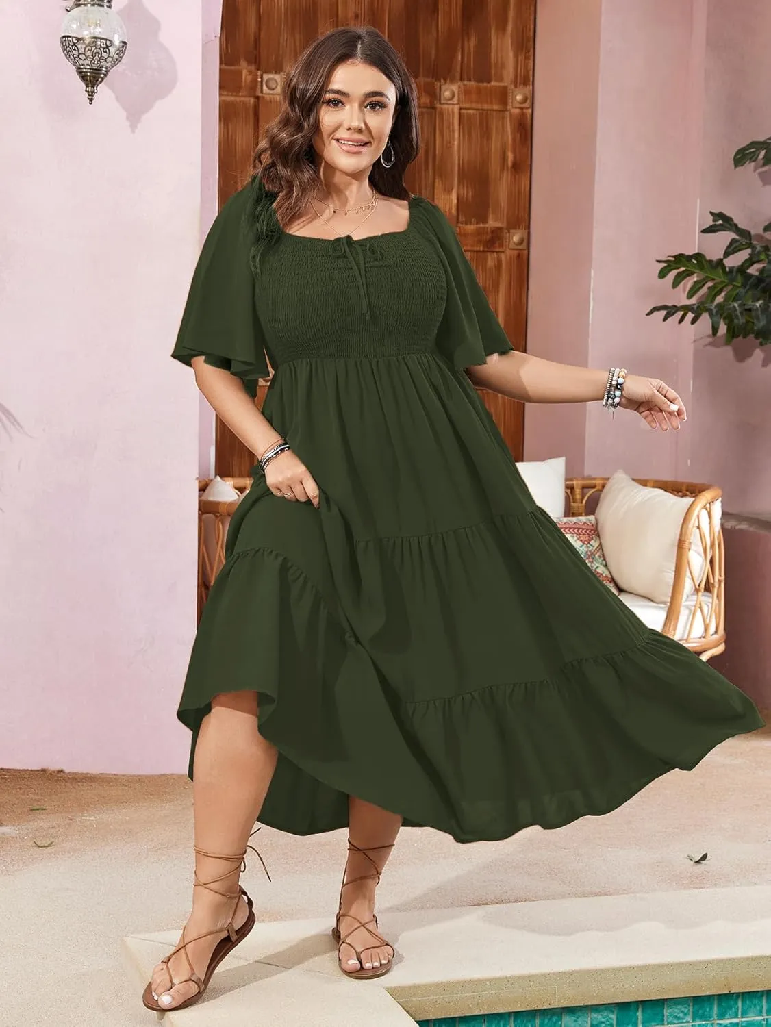 SCOMCHIC Women's Plus Size Flowy Maxi Dress Flutter Short Sleeve Boho Dress Square Neck Smocked Formal Dresses for Women