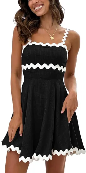 Senllen Womens Summer Flowy Mini Dress 2025 Casual Spaghetti Straps Sleeveless Smocked Backless Swing Wave Trim Sundress