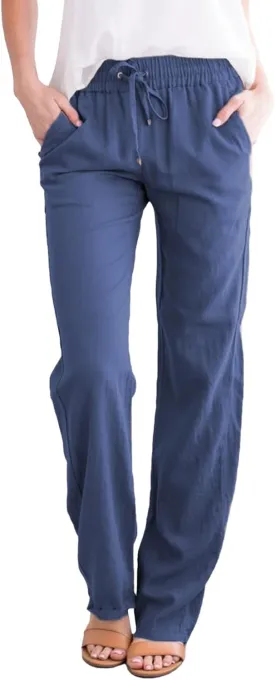 SHAOBGE Plus Size Linen Pants for Women Women Solid Straight Solid Elastic Pants Long Drawstring Trendy Pants