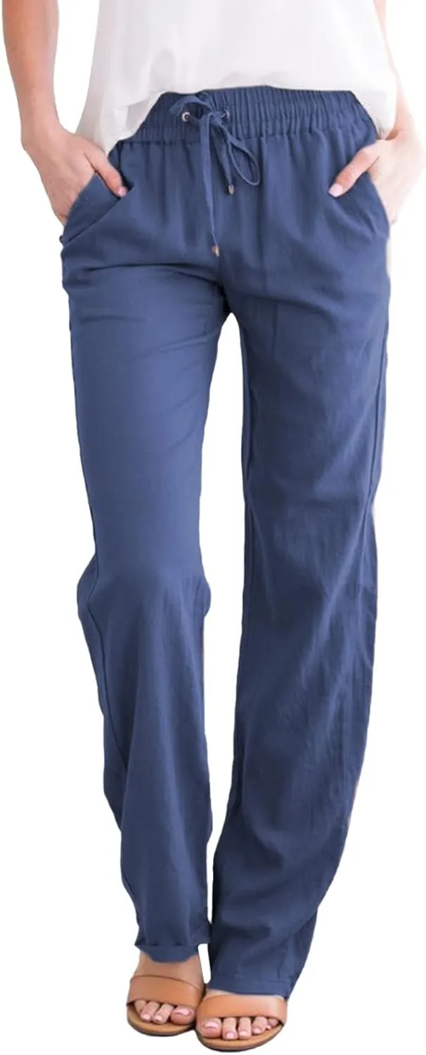 SHAOBGE Plus Size Linen Pants for Women Women Solid Straight Solid Elastic Pants Long Drawstring Trendy Pants
