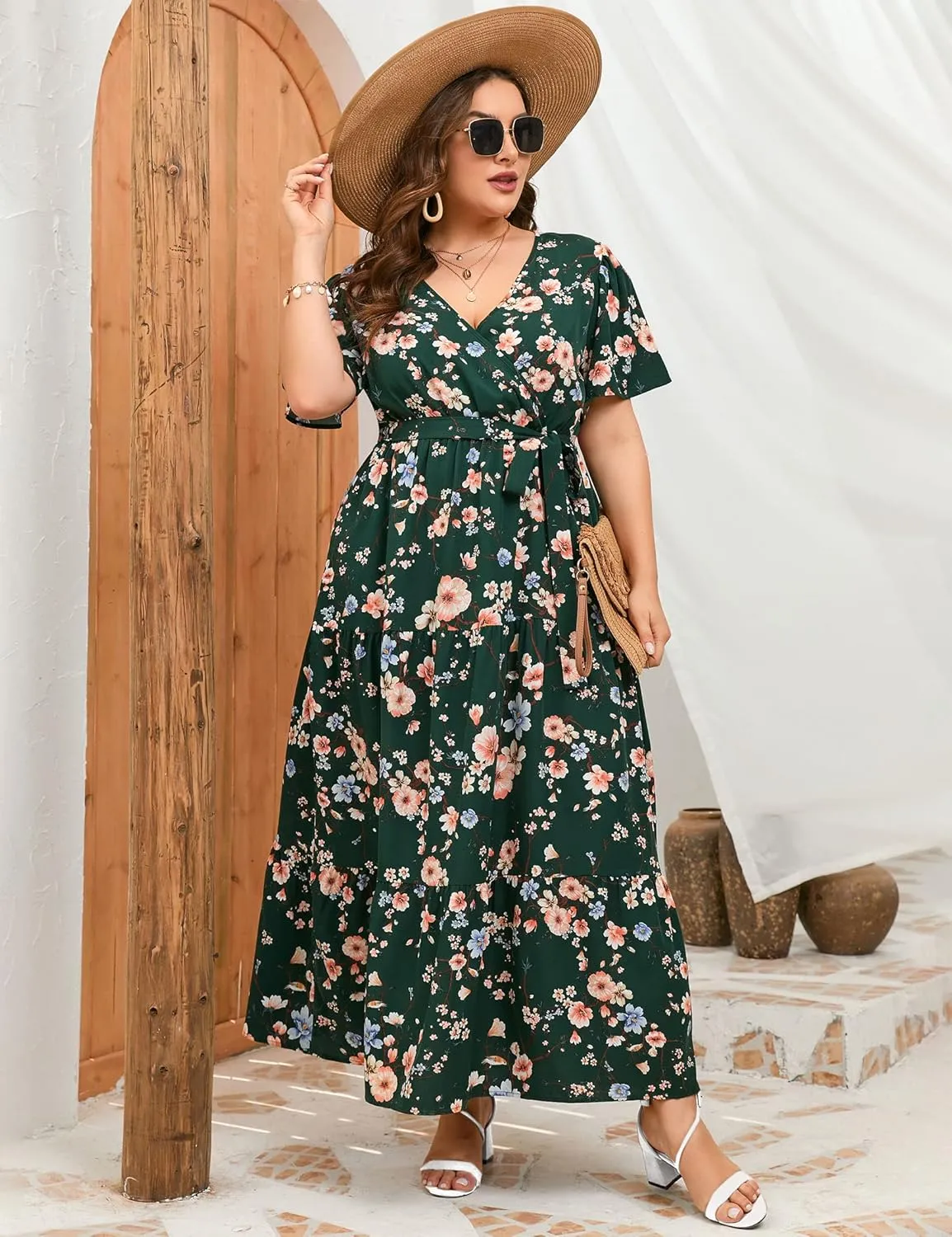 ShopWonder Womens Plus Size V Neck Wrap Maxi Dress High Waist Ruffle Summer Casual Dress with Belt