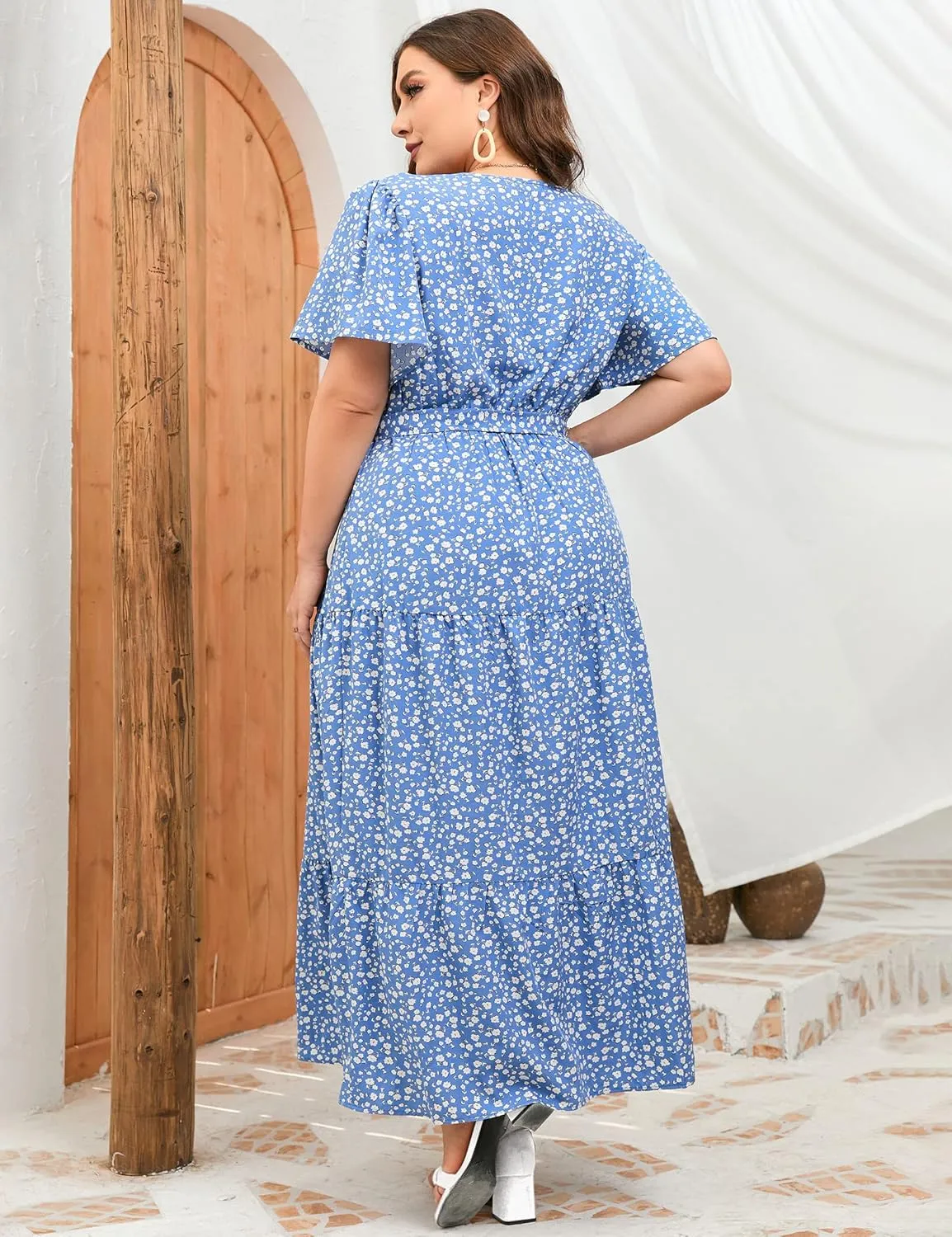 ShopWonder Womens Plus Size V Neck Wrap Maxi Dress High Waist Ruffle Summer Casual Dress with Belt