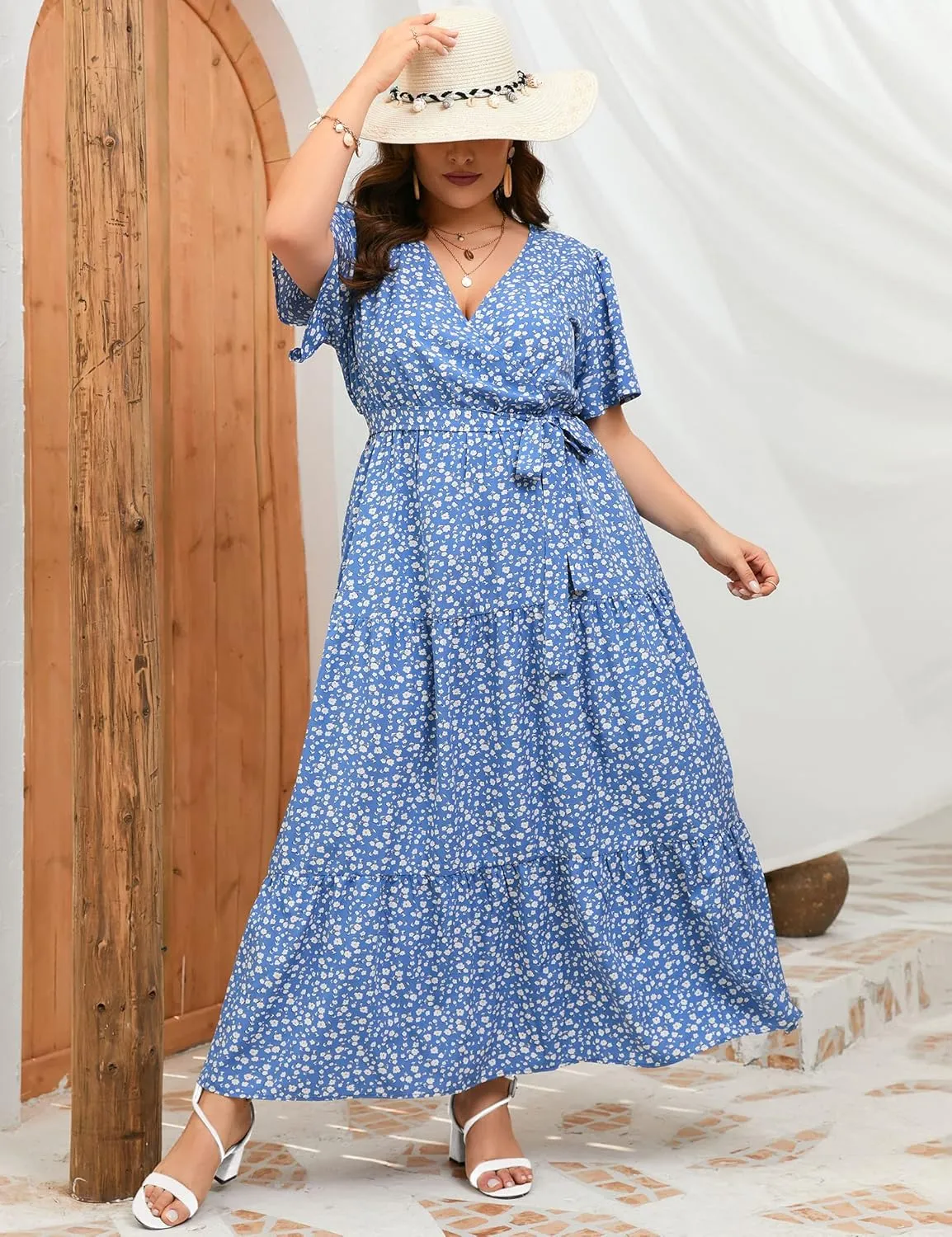 ShopWonder Womens Plus Size V Neck Wrap Maxi Dress High Waist Ruffle Summer Casual Dress with Belt
