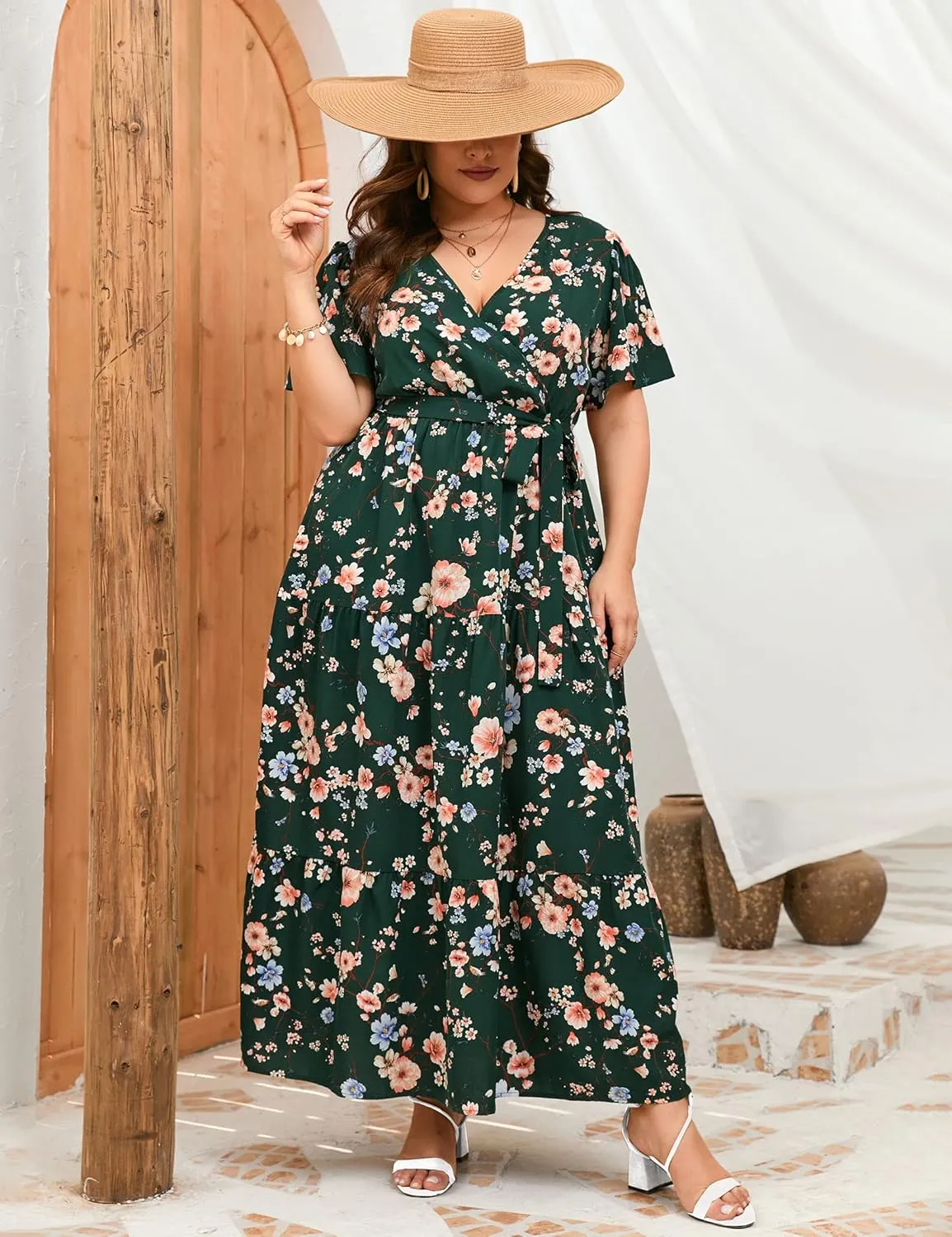 ShopWonder Womens Plus Size V Neck Wrap Maxi Dress High Waist Ruffle Summer Casual Dress with Belt