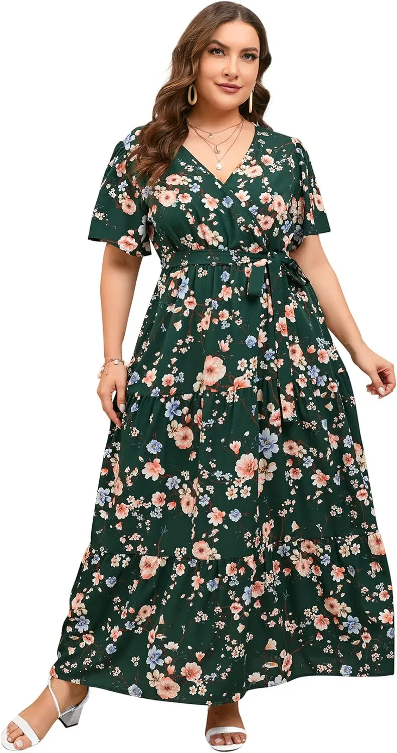 ShopWonder Womens Plus Size V Neck Wrap Maxi Dress High Waist Ruffle Summer Casual Dress with Belt