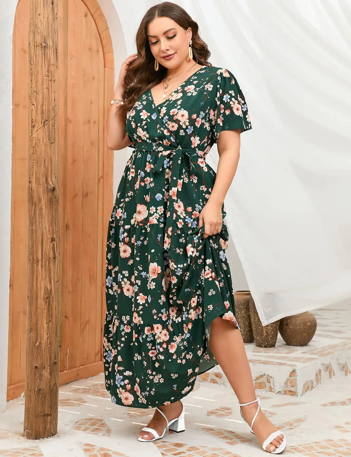 ShopWonder Womens Plus Size V Neck Wrap Maxi Dress High Waist Ruffle Summer Casual Dress with Belt