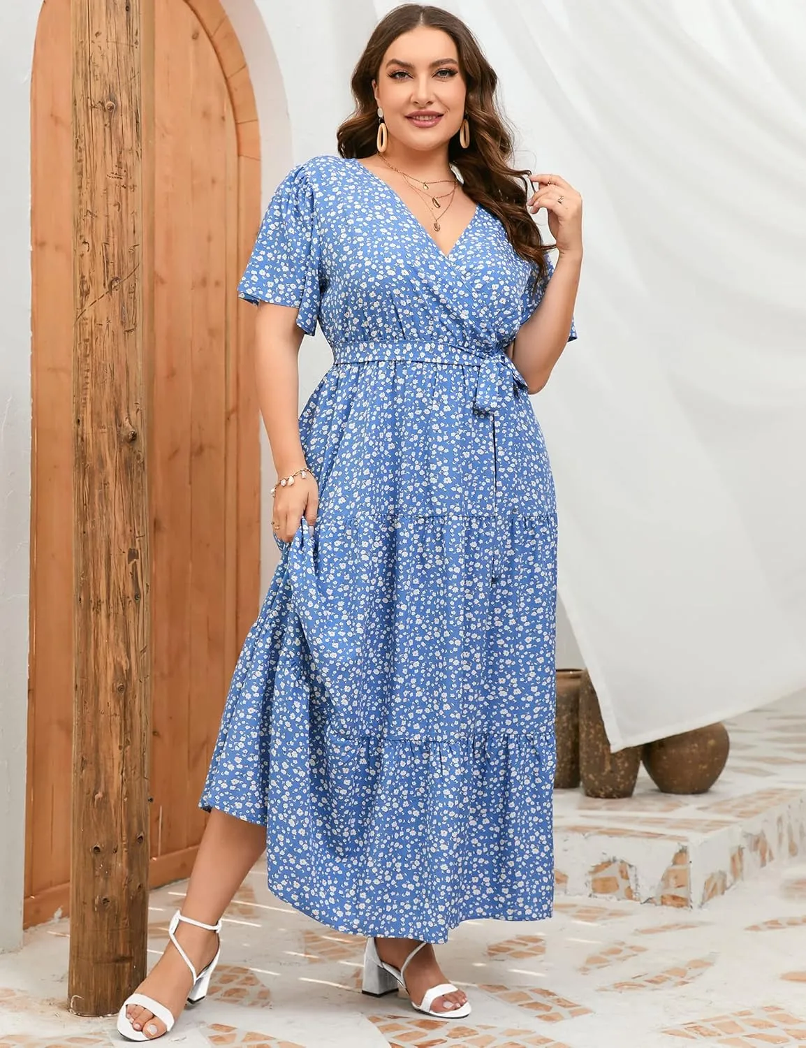 ShopWonder Womens Plus Size V Neck Wrap Maxi Dress High Waist Ruffle Summer Casual Dress with Belt