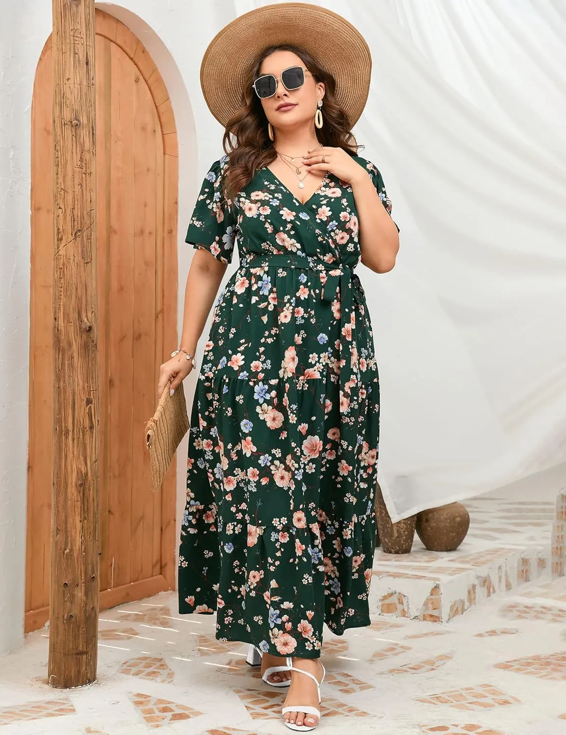 ShopWonder Womens Plus Size V Neck Wrap Maxi Dress High Waist Ruffle Summer Casual Dress with Belt