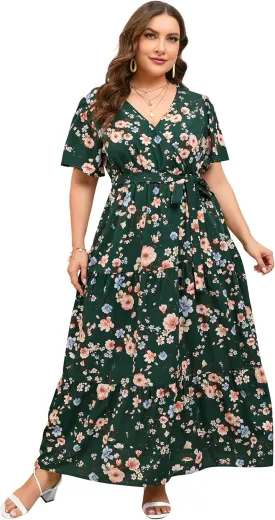 ShopWonder Womens Plus Size V Neck Wrap Maxi Dress High Waist Ruffle Summer Casual Dress with Belt