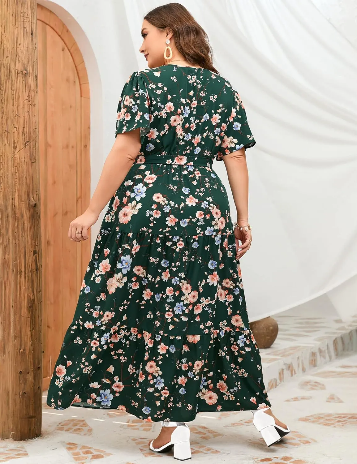 ShopWonder Womens Plus Size V Neck Wrap Maxi Dress High Waist Ruffle Summer Casual Dress with Belt
