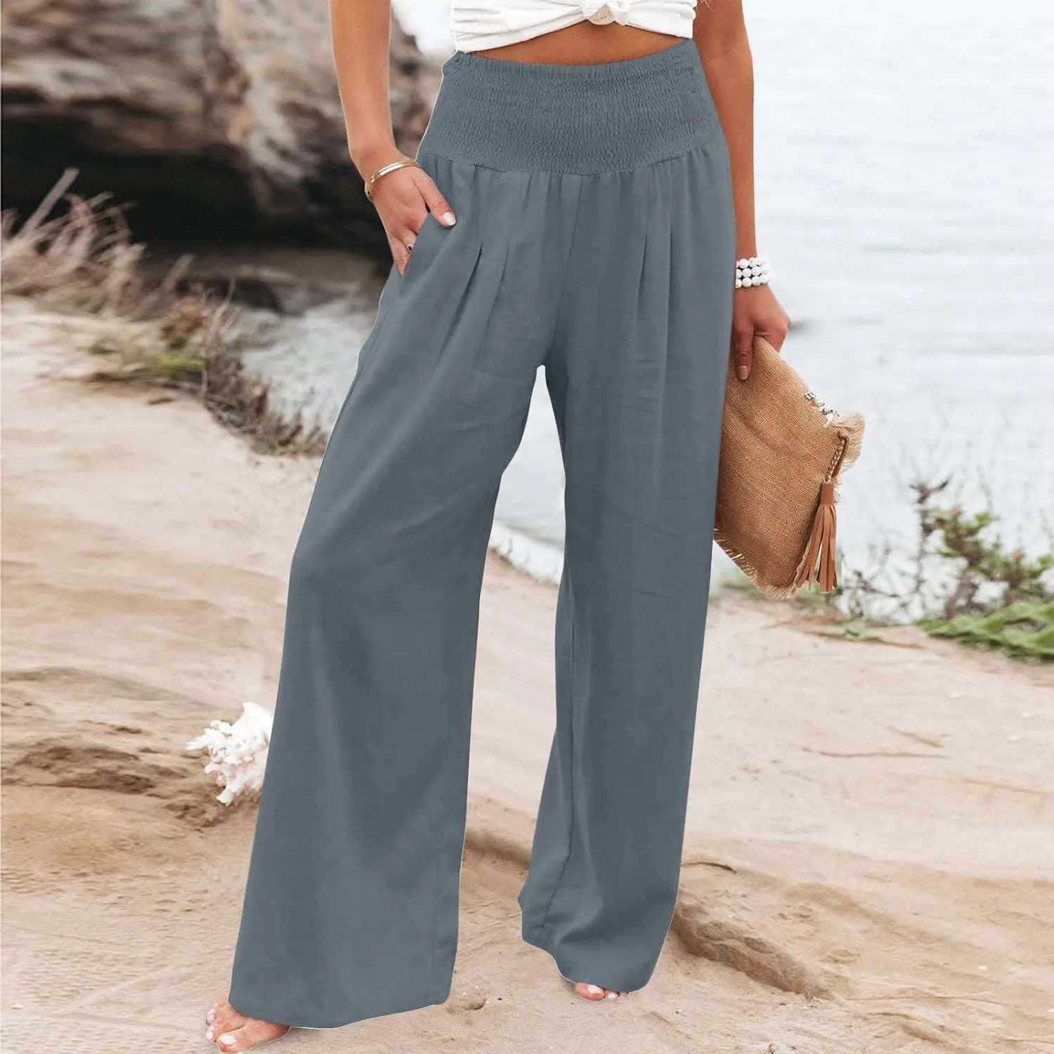 SMIDOW Wide Leg Palazzo Pants for Women Casual Loose Comfy High Waisted Straight Leg Pant Trousers with Pockets