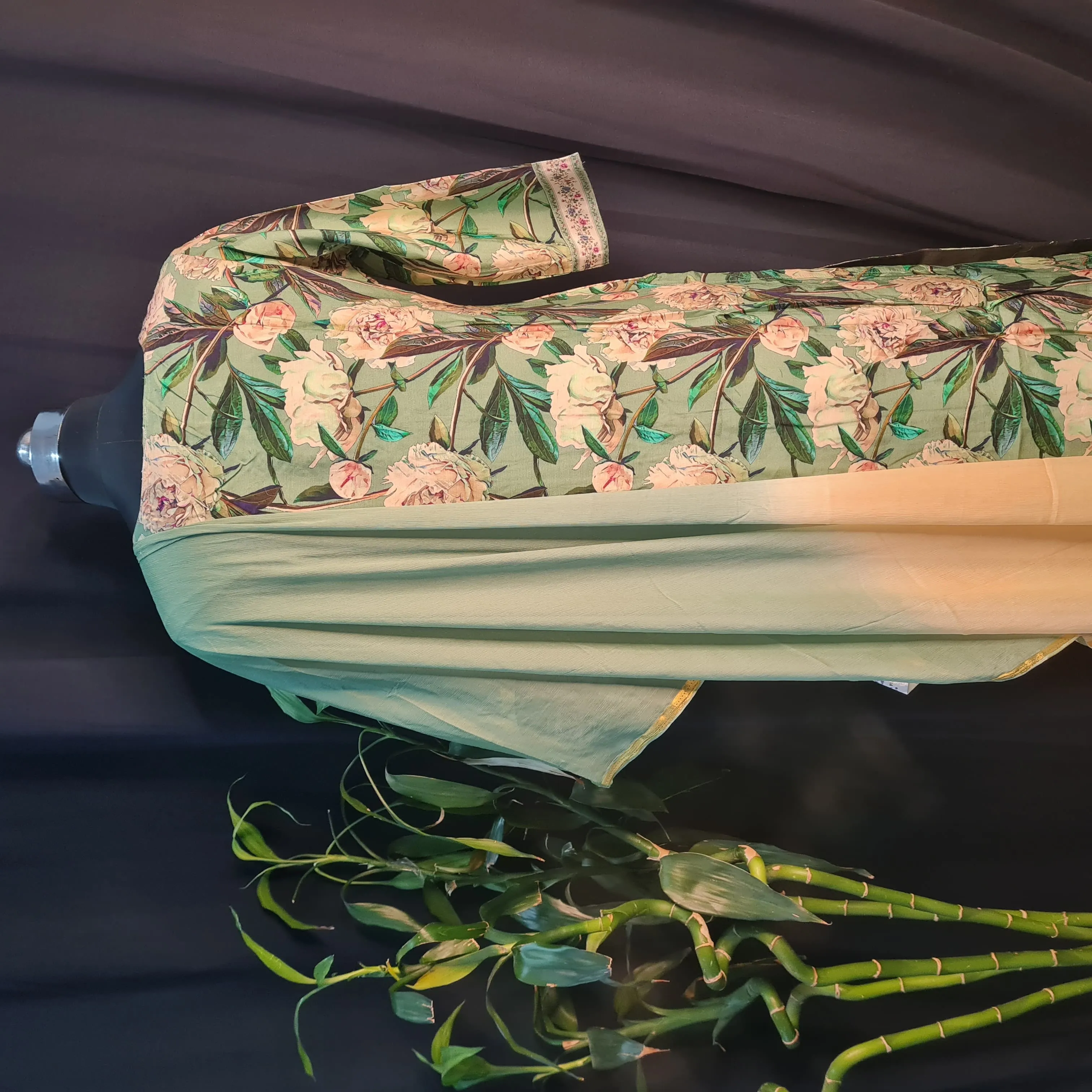Suit Set With Dupatta (Top-Muslin, Bottom-Satoon, Dupatta-Chiffon) Green Tropical Golden Floral Embroidery Lace 17415