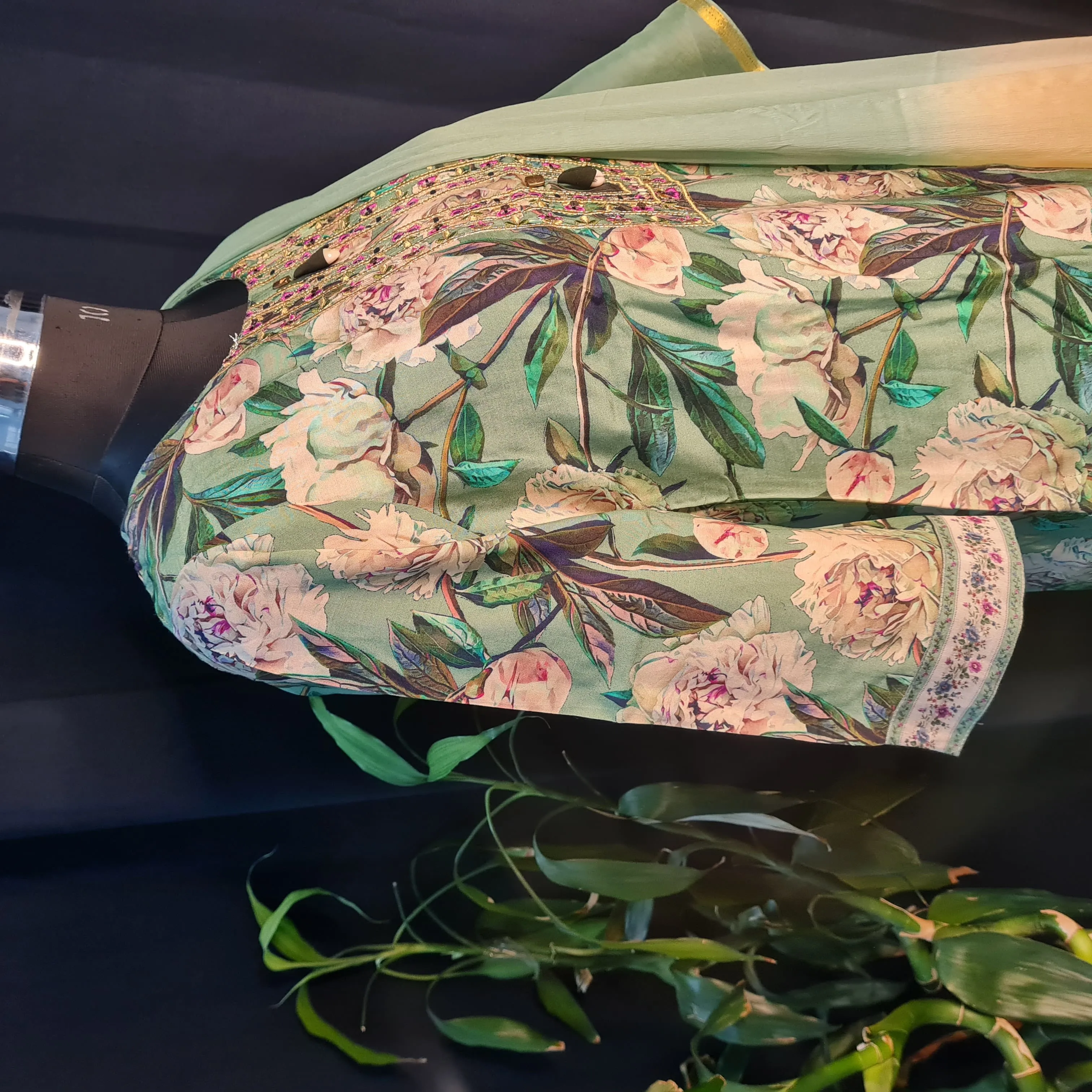 Suit Set With Dupatta (Top-Muslin, Bottom-Satoon, Dupatta-Chiffon) Green Tropical Golden Floral Embroidery Lace 17415