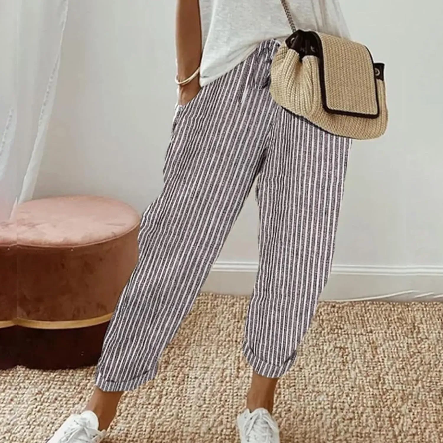 Summer Pants for Women, Drawstring Baggy Beach Trousers High Waisted Vacation Wide Leg Business Slacks Outfits