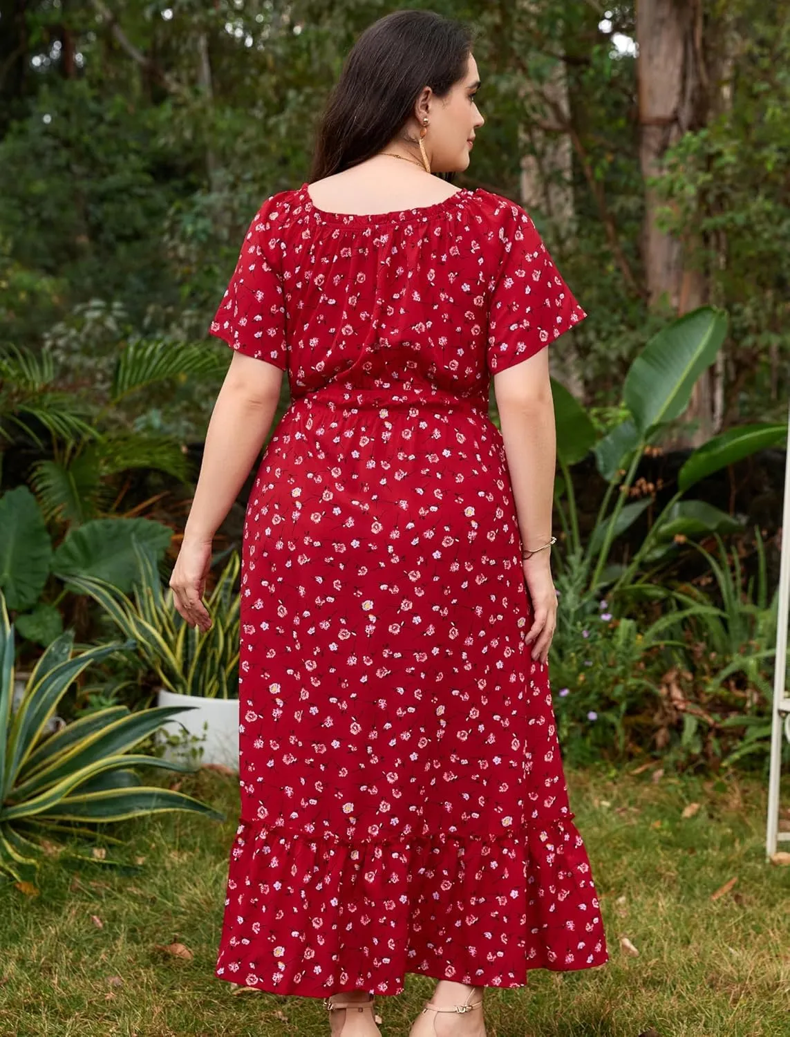 Theenkoln Womens Plus Size Dresses Floral Print Short Sleeve Square Neck Tie Front Slit Hem Maxi Dresses with Pockets