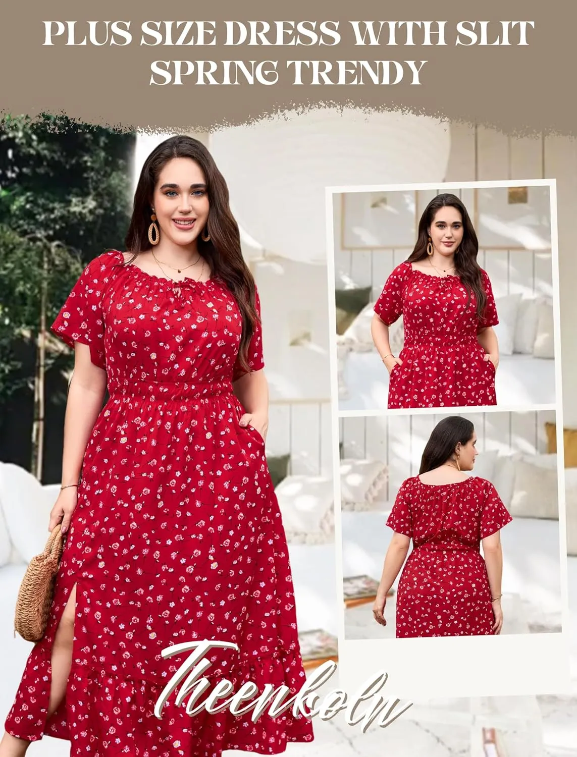 Theenkoln Womens Plus Size Dresses Floral Print Short Sleeve Square Neck Tie Front Slit Hem Maxi Dresses with Pockets